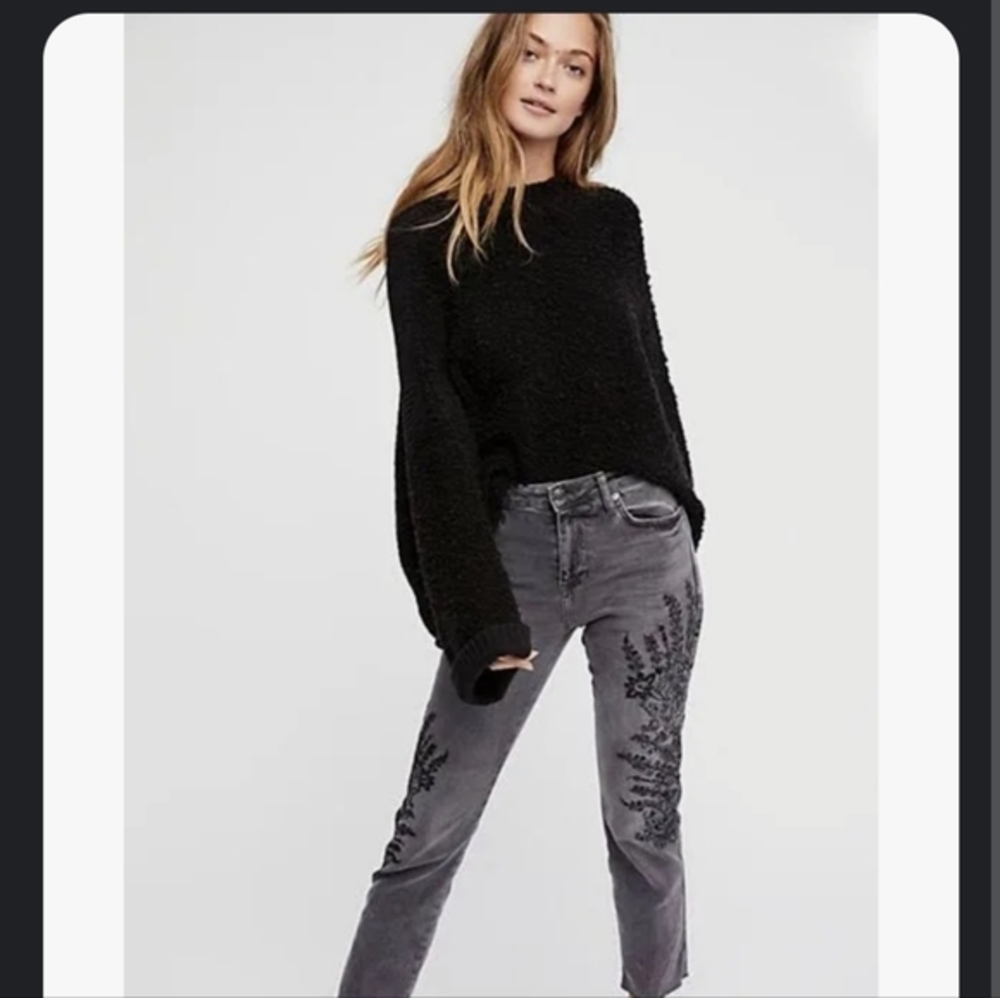 We the Free People Embroidered Girlfriend Jeans - Black/Gray Ankle Straight